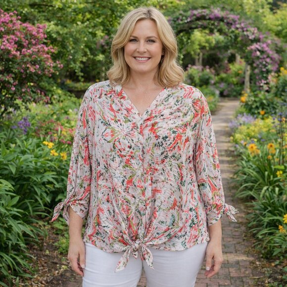 Allison Daley Tops - Allison Daley Womens VNeck Blouse 2XL Tie Front Cuffs 3/4 Sleeve IKAT Peach NWT